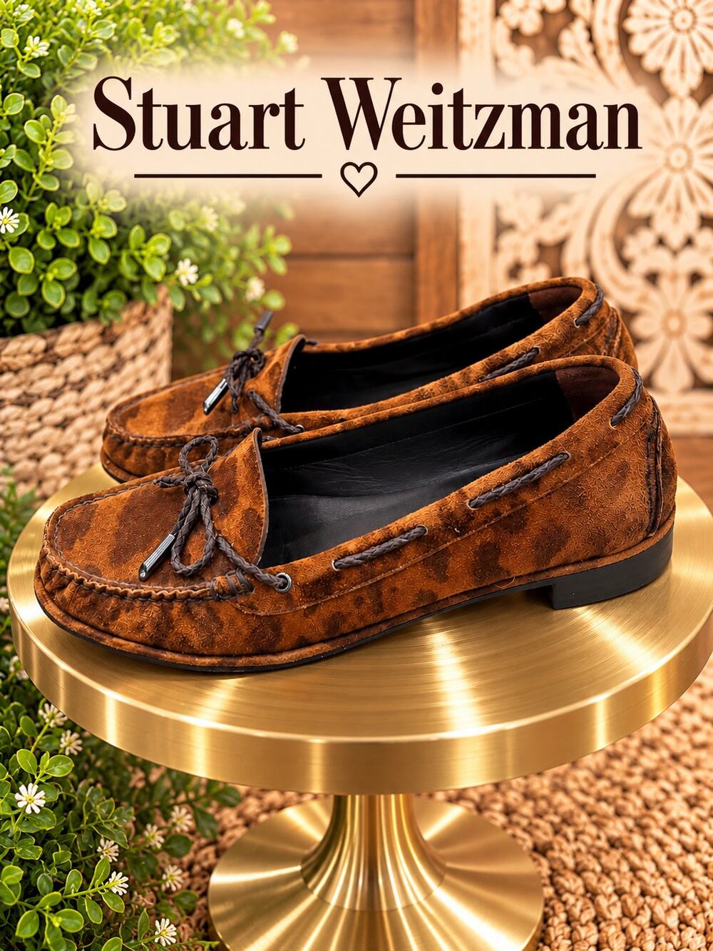 Stuart Weitzman Brown Animal Print Suede Moccasin Loafers Women’s 6.5 Narrow
